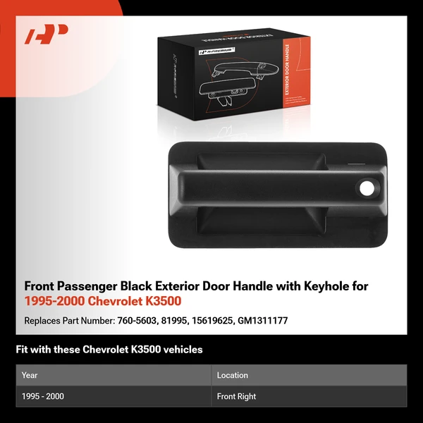 Front Passenger Black Exterior Door Handle with Keyhole for 1995-2000 Chevrolet K3500