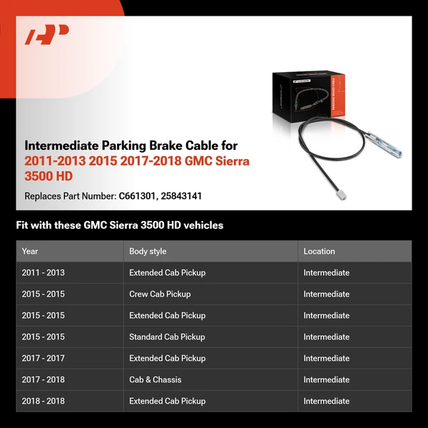 Intermediate Parking Brake Cable for 2011-2013 2015 2017-2018 GMC Sierra 3500 HD