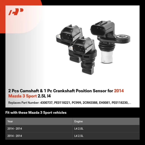 2 Pcs Camshaft & 1 Pc Crankshaft Position Sensor for 2014 Mazda 3 Sport 2.5L l4