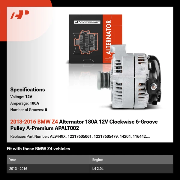 2013-2016 BMW Z4 Alternator 180A 12V Clockwise 6-Groove Pulley A-Premium APALT002