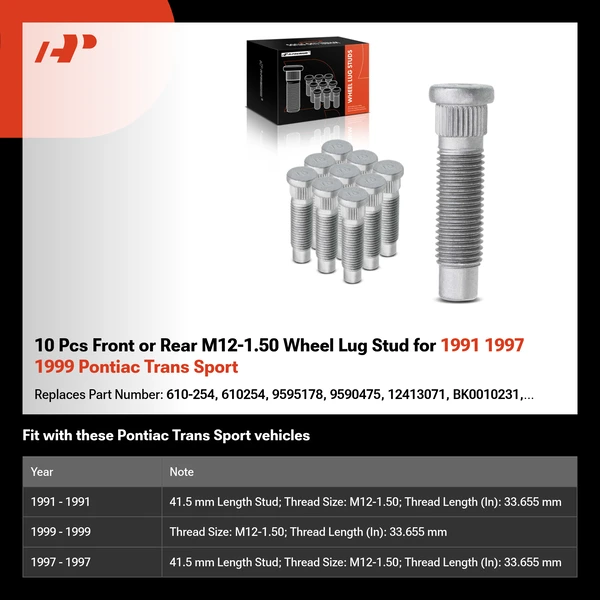 10 Pcs Front or Rear M12-1.50 Wheel Lug Stud for 1991 1997 1999 Pontiac Trans Sport