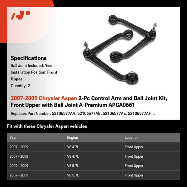 2007-2009 Chrysler Aspen 2-Pc Control Arm and Ball Joint Kit, Front Upper with Ball Joint A-Premium APCA0661