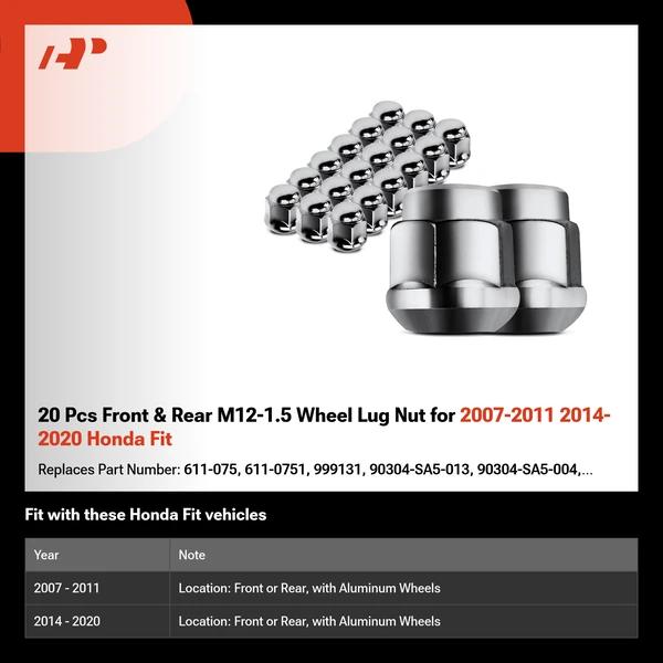 20 Pcs Front & Rear M12-1.5 Wheel Lug Nut for 2007-2011 2014-2020 Honda Fit