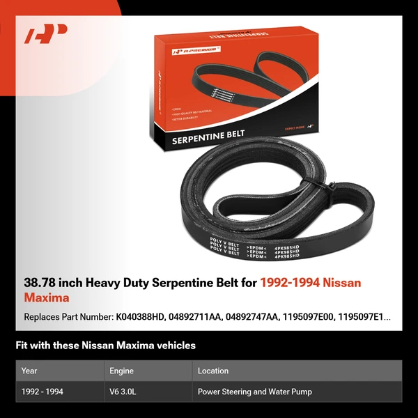 38.78 inch Heavy Duty Serpentine Belt for 1992-1994 Nissan Maxima
