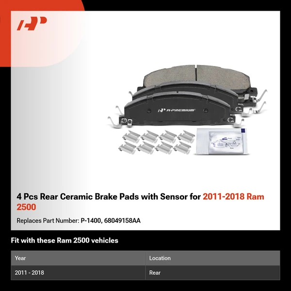 4 Pcs Rear Ceramic Brake Pads with Sensor for 2011-2018 Ram 2500