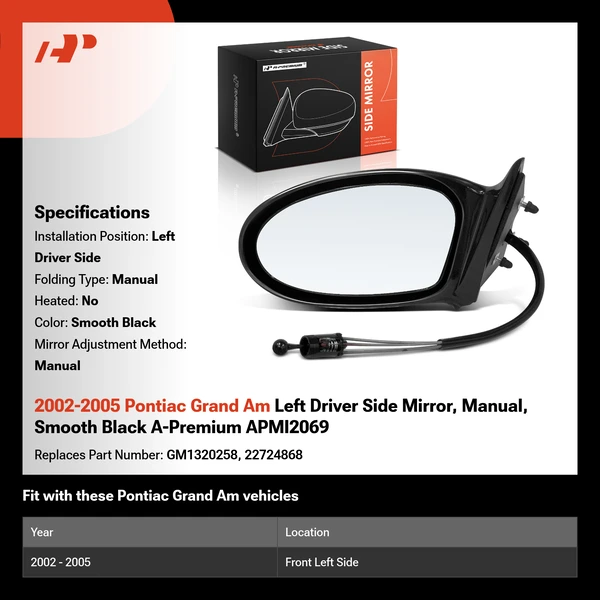 2002-2005 Pontiac Grand Am Left Driver Side Mirror, Manual, Smooth Black A-Premium APMI2069