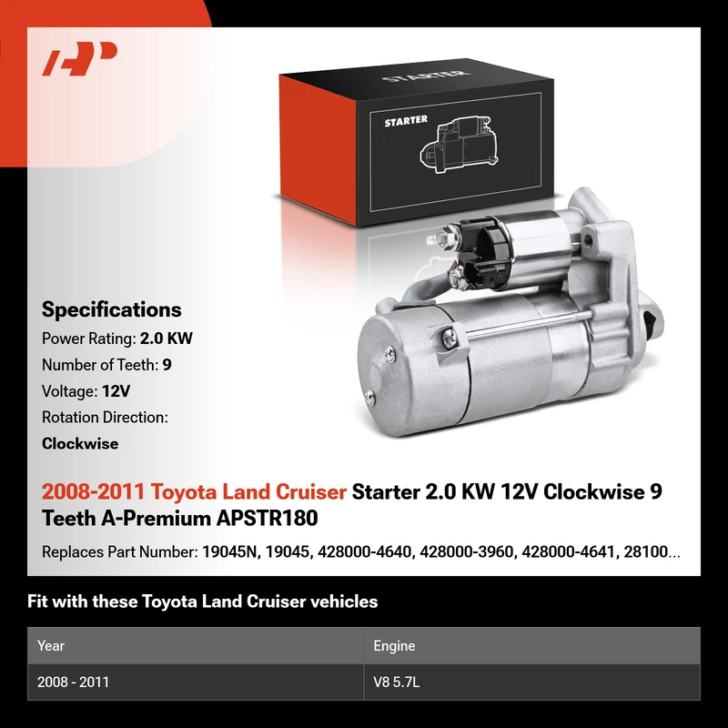 2008-2011 Toyota Land Cruiser Starter 2.0 KW 12V Clockwise 9 Teeth A-Premium APSTR180