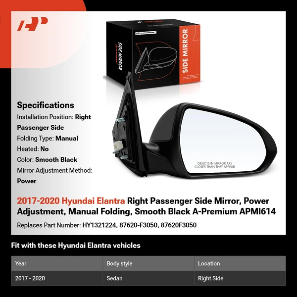 2017-2020 Hyundai Elantra Right Passenger Side Mirror, Power Adjustment, Manual Folding, Smooth Black A-Premium APMI614