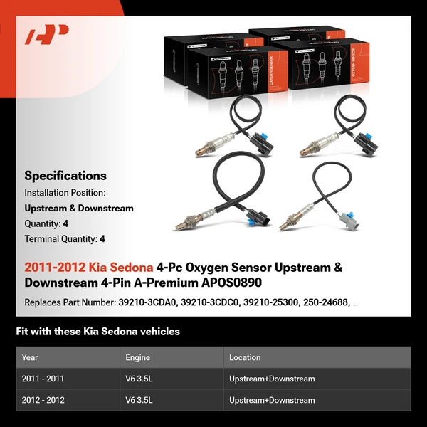 2011-2012 Kia Sedona 4-Pc Oxygen Sensor Upstream & Downstream 4-Pin A-Premium APOS0890