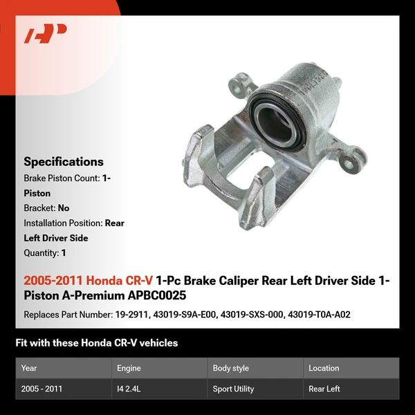 2005-2011 Honda CR-V 1-Pc Brake Caliper Rear Left Driver Side 1-Piston A-Premium APBC0025