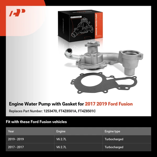 Engine Water Pump with Gasket for 2017 2019 Ford Fusion