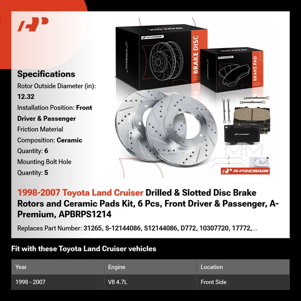 1998-2007 Toyota Land Cruiser Drilled & Slotted Disc Brake Rotors and Ceramic Pads Kit, 6 Pcs, Front Driver & Passenger, A-Premium, APBRPS1214