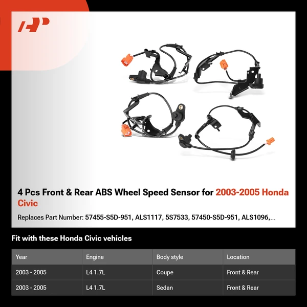 4 Pcs Front & Rear ABS Wheel Speed Sensor for 2003-2005 Honda Civic