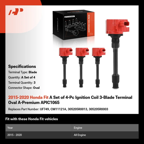 2015-2020 Honda Fit A Set of 4-Pc Ignition Coil 3-Blade Terminal Oval A-Premium APIC1065