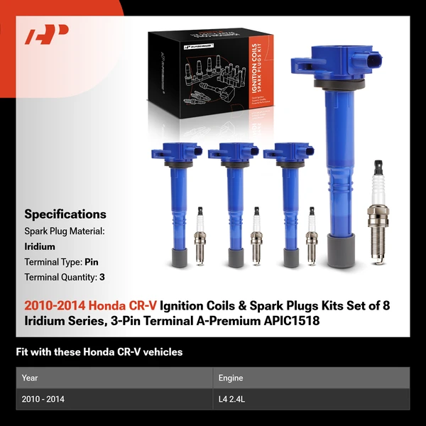 2010-2014 Honda CR-V Ignition Coils & Spark Plugs Kits Set of 8 Iridium Series, 3-Pin Terminal A-Premium APIC1518