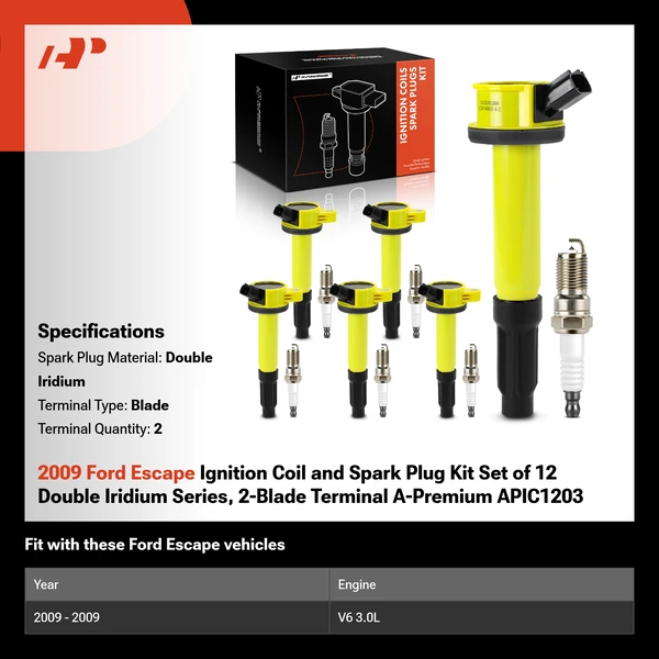 2009 Ford Escape Ignition Coil and Spark Plug Kit Set of 12 Double Iridium Series, 2-Blade Terminal A-Premium APIC1203