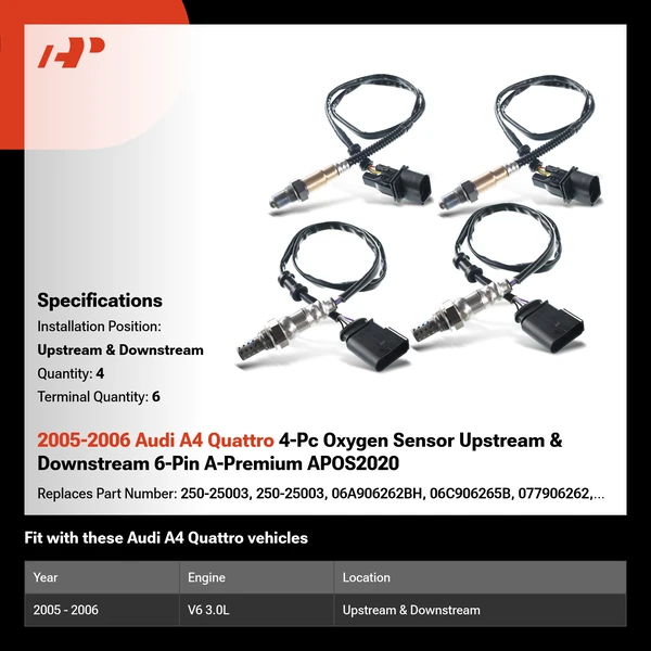 2005-2006 Audi A4 Quattro 4-Pc Oxygen Sensor Upstream & Downstream 6-Pin A-Premium APOS2020