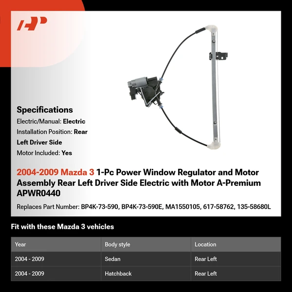 2004-2009 Mazda 3 1-Pc Power Window Regulator and Motor Assembly Rear Left Driver Side Electric with Motor A-Premium APWR0440