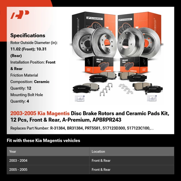 2003-2005 Kia Magentis Disc Brake Rotors and Ceramic Pads Kit, 12 Pcs, Front & Rear, A-Premium, APBRPR243