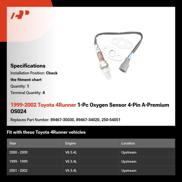 1999-2002 Toyota 4Runner 1-Pc Oxygen Sensor 4-Pin A-Premium OS024