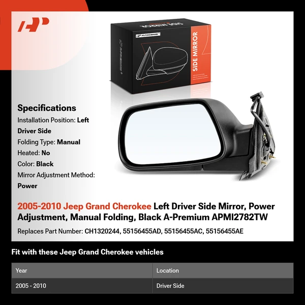 2005-2010 Jeep Grand Cherokee Left Driver Side Mirror, Power Adjustment, Manual Folding, Black A-Premium APMI2782TW