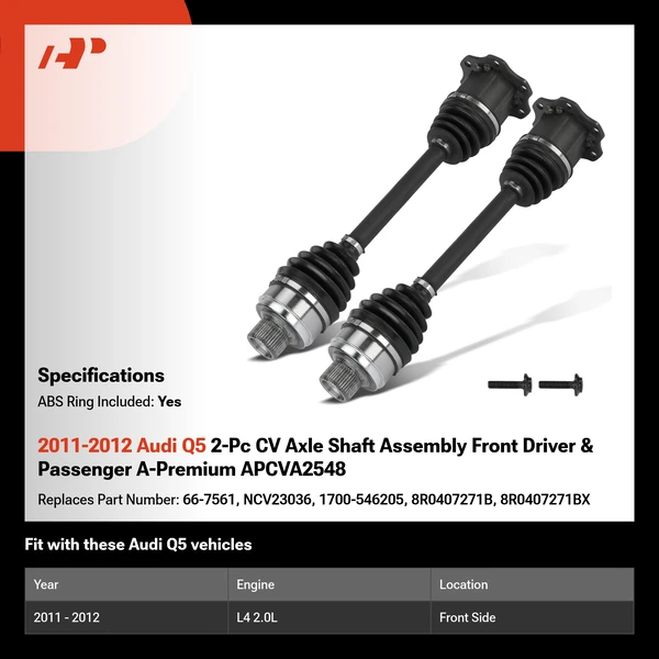 2011-2012 Audi Q5 2-Pc CV Axle Shaft Assembly Front Driver & Passenger A-Premium APCVA2548