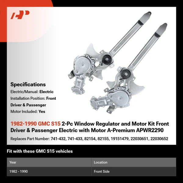 1982-1990 GMC S15 2-Pc Window Regulator and Motor Kit Front Driver & Passenger Electric with Motor A-Premium APWR2290