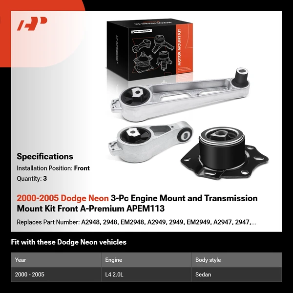 2000-2005 Dodge Neon 3-Pc Engine Mount and Transmission Mount Kit Front A-Premium APEM113