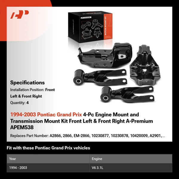 1994-2003 Pontiac Grand Prix 4-Pc Engine Mount and Transmission Mount Kit Front Left & Front Right A-Premium APEM538
