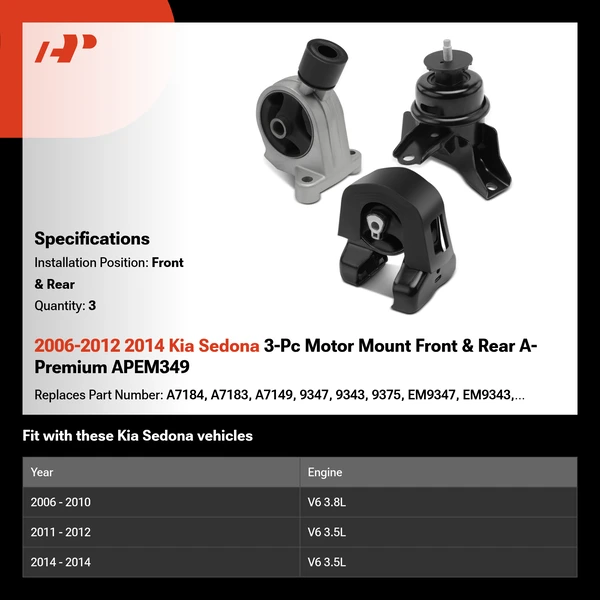 2006-2012 2014 Kia Sedona 3-Pc Motor Mount Front & Rear A-Premium APEM349