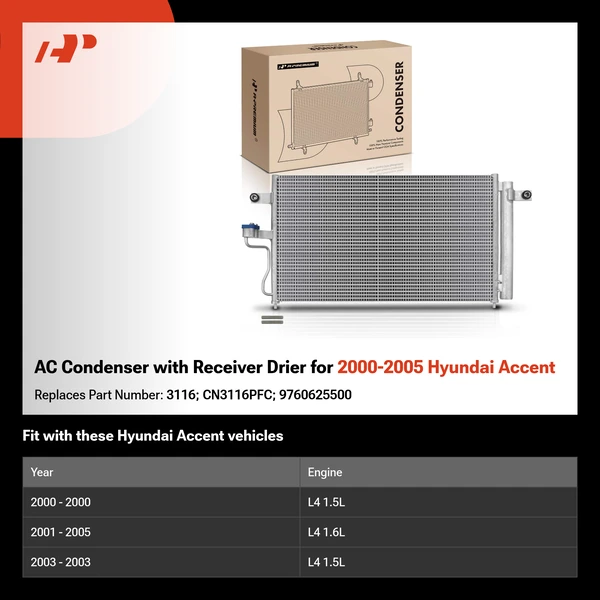 AC Condenser with Receiver Drier for 2000-2005 Hyundai Accent