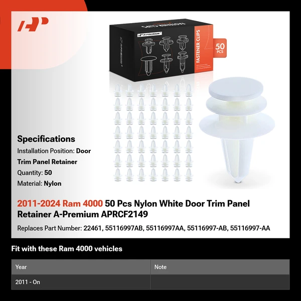 2011-2024 Ram 4000 50 Pcs Nylon White Door Trim Panel Retainer A-Premium APRCF2149