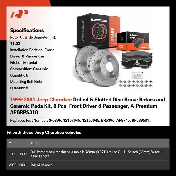 1999-2001 Jeep Cherokee Drilled & Slotted Disc Brake Rotors and Ceramic Pads Kit, 6 Pcs, Front Driver & Passenger, A-Premium, APBRPS310