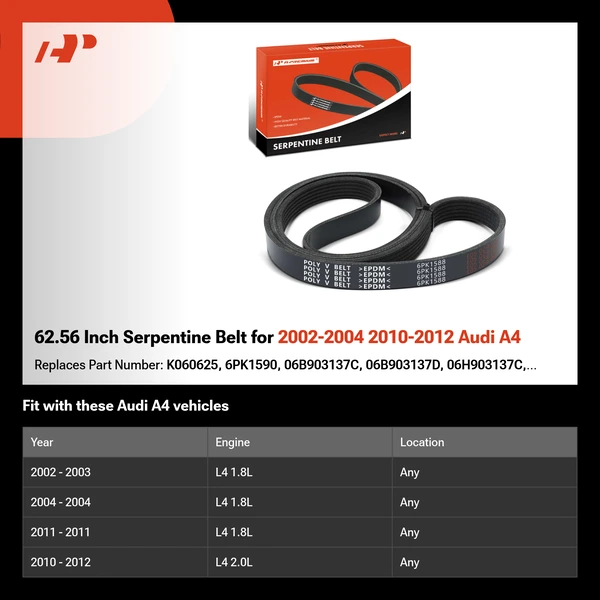 62.56 Inch Serpentine Belt for 2002-2004 2010-2012 Audi A4
