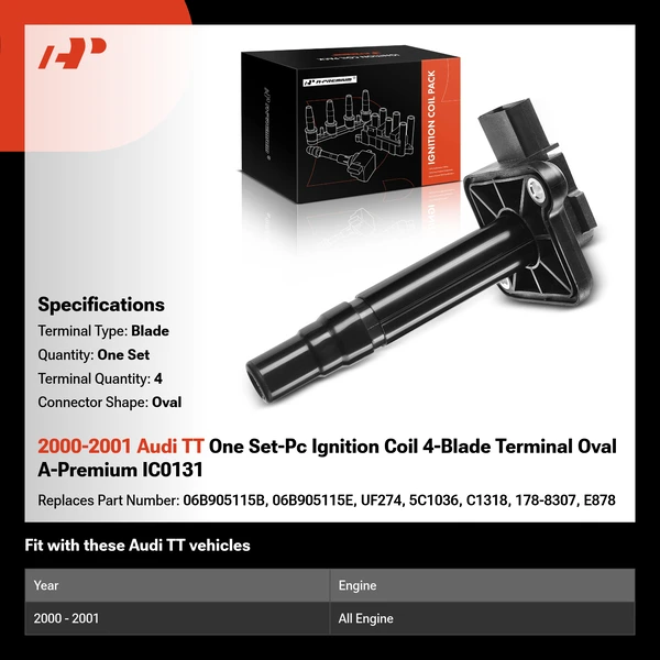 2000-2001 Audi TT One Set-Pc Ignition Coil 4-Blade Terminal Oval A-Premium IC0131