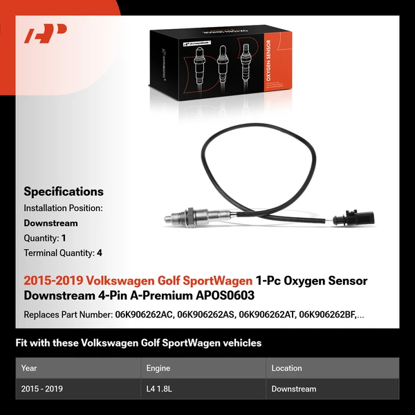 2015-2019 Volkswagen Golf SportWagen 1-Pc Oxygen Sensor Downstream 4-Pin A-Premium APOS0603
