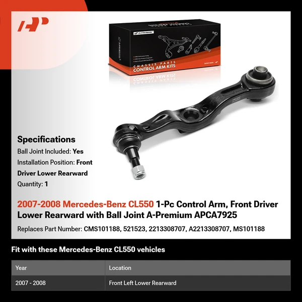 2007-2008 Mercedes-Benz CL550 1-Pc Control Arm, Front Driver Lower Rearward with Ball Joint A-Premium APCA7925
