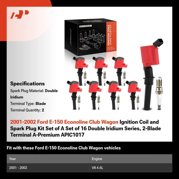 2001-2002 Ford E-150 Econoline Club Wagon Ignition Coil and Spark Plug Kit Set of A Set of 16 Double Iridium Series, 2-Blade Terminal A-Premium APIC1017