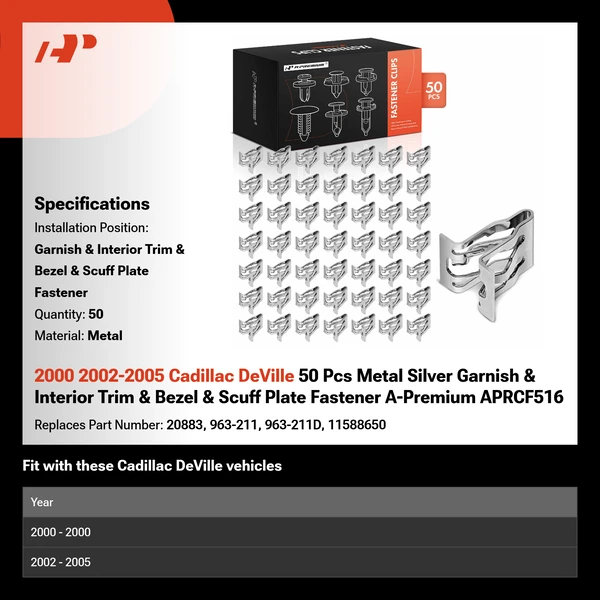 2000 2002-2005 Cadillac DeVille 50 Pcs Metal Silver Garnish & Interior Trim & Bezel & Scuff Plate Fastener A-Premium APRCF516