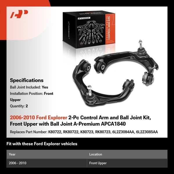 2006-2010 Ford Explorer 2-Pc Control Arm and Ball Joint Kit, Front Upper with Ball Joint A-Premium APCA1840