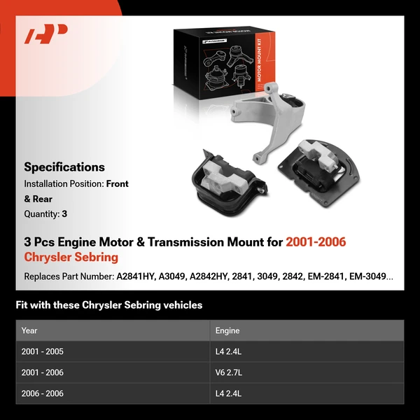 3 Pcs Engine Motor & Transmission Mount for 2001-2006 Chrysler Sebring