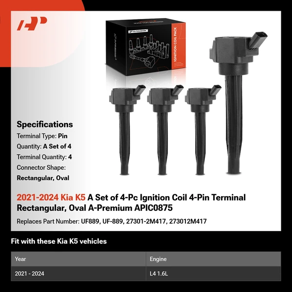 2021-2024 Kia K5 A Set of 4-Pc Ignition Coil 4-Pin Terminal Rectangular, Oval A-Premium APIC0875