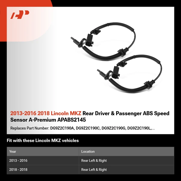 2013-2016 2018 Lincoln MKZ Rear Driver & Passenger ABS Speed Sensor A-Premium APABS2145