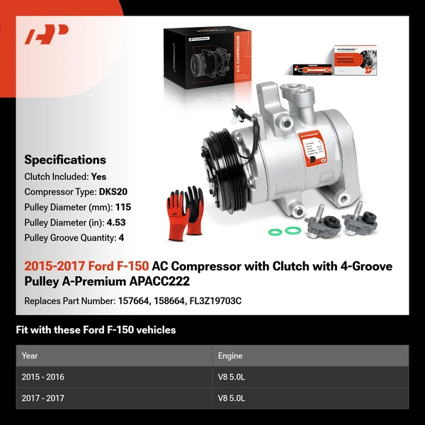 2015-2017 Ford F-150 AC Compressor with Clutch with 4-Groove Pulley A-Premium APACC222
