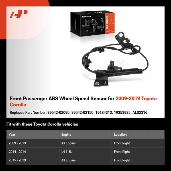Front Passenger ABS Wheel Speed Sensor for 2009-2019 Toyota Corolla