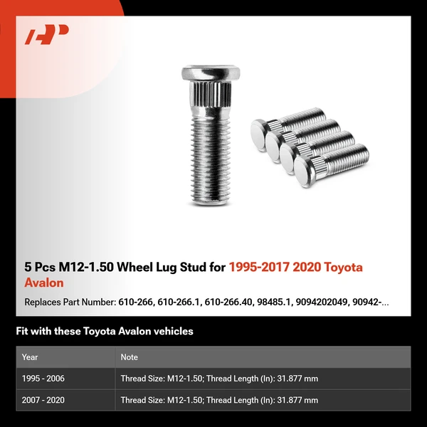 5 Pcs M12-1.50 Wheel Lug Stud for 1995-2017 2020 Toyota Avalon