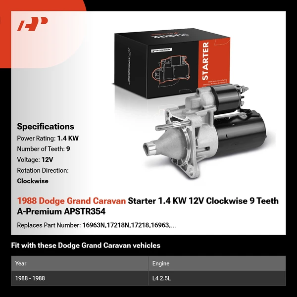 1988 Dodge Grand Caravan Starter 1.4 KW 12V Clockwise 9 Teeth A-Premium APSTR354