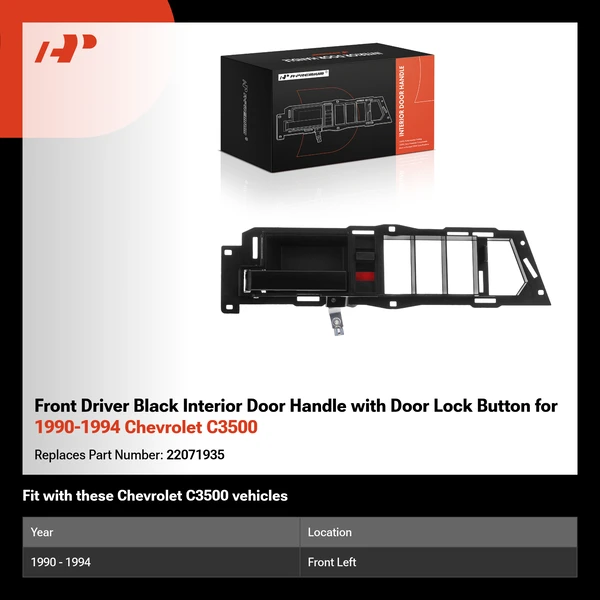 Front Driver Black Interior Door Handle with Door Lock Button for 1990-1994 Chevrolet C3500