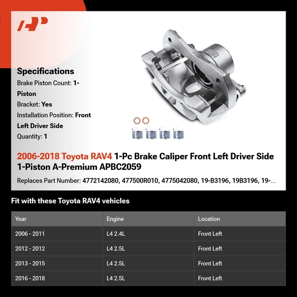 2006-2018 Toyota RAV4 1-Pc Brake Caliper Front Left Driver Side 1-Piston A-Premium APBC2059