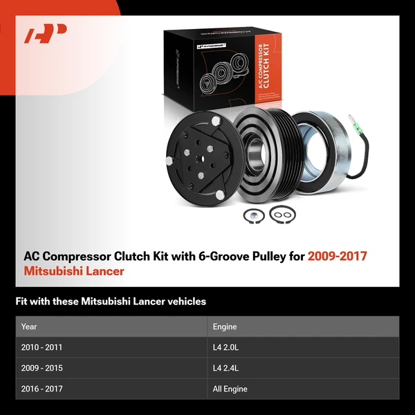 AC Compressor Clutch Kit with 6-Groove Pulley for 2009-2017 Mitsubishi Lancer